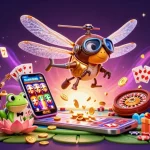 Le dragon volant et le croupier de grenouille animent le casino en ligne avec des cartes et des jetons colorés.