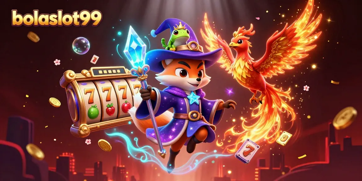 Experience the magic of bolaslot99 with an enchanting scene featuring a mystical wizard fox, phoenix, and rich casino elements.