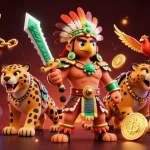 Engage with daidichxacsong's vibrant digital illustration of an Aztec warrior amidst glowing cryptocurrencies.