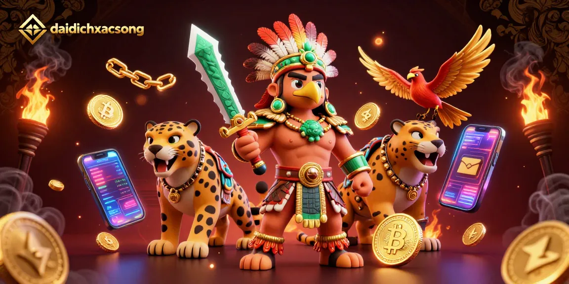 Engage with daidichxacsong's vibrant digital illustration of an Aztec warrior amidst glowing cryptocurrencies.