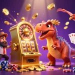 Gacor77 alternatif dalam ilustrasi 3D menampilkan dinosaurus beraksi di kasino mengeruk jackpot.