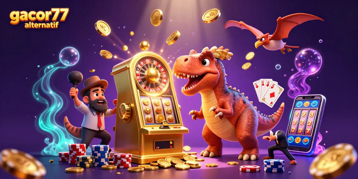 Gacor77 alternatif dalam ilustrasi 3D menampilkan dinosaurus beraksi di kasino mengeruk jackpot.