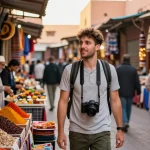 Traveler experiencing the vibrant Marrakech market with NAGA2000 adventures.
