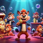 Bolatoto hyenas run a vibrant casino scene, featuring slots, gold coins, and lively characters.