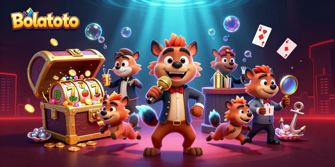 Bolatoto hyenas run a vibrant casino scene, featuring slots, gold coins, and lively characters.
